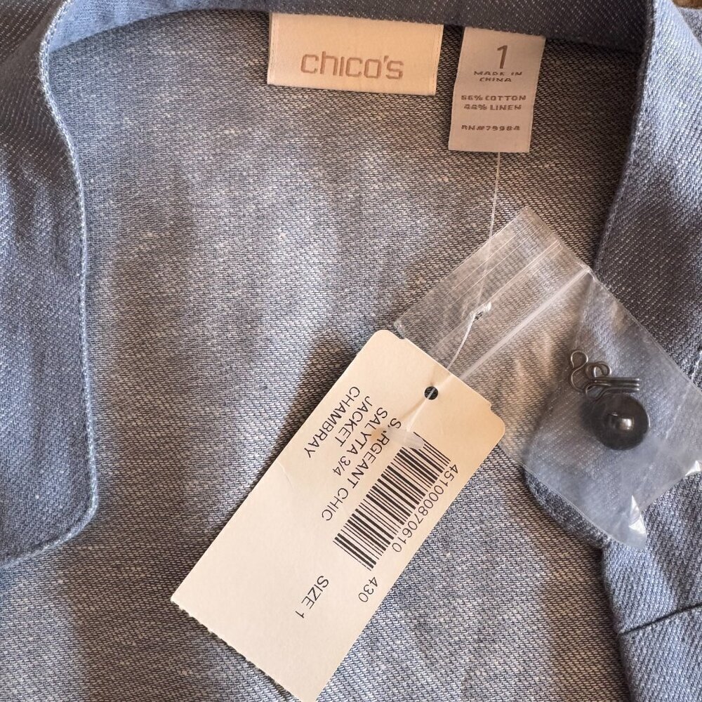 Chico's Womens Blazer Size 1 Blue Cotton Linen Blend Military Style - Picture 4 of 7